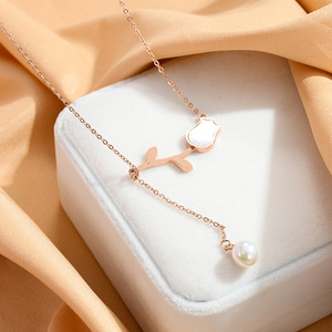 AA00379 Edelstahl Rose Flower Anhänger Halskette Long Pearl Quaste Shell Flower Halskette - Product Image 3