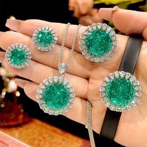 Fashion Eco-friendly Copper 16-10mm Green Zircon Pendant Earrings Ring <b>Bracelet</b> 4 Piece Jewelry <b>Set</b> for Trendy Daily Wear - Product Image 3