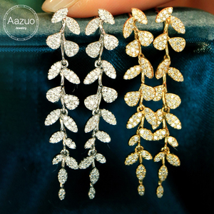Aazuo – bijoux en or blanc massif 18 carats, or jaune, diamant naturel véritable, feuilles de fée, boucles d'oreilles longues, cadeau pour femmes, fête de mariage - Product Image 1