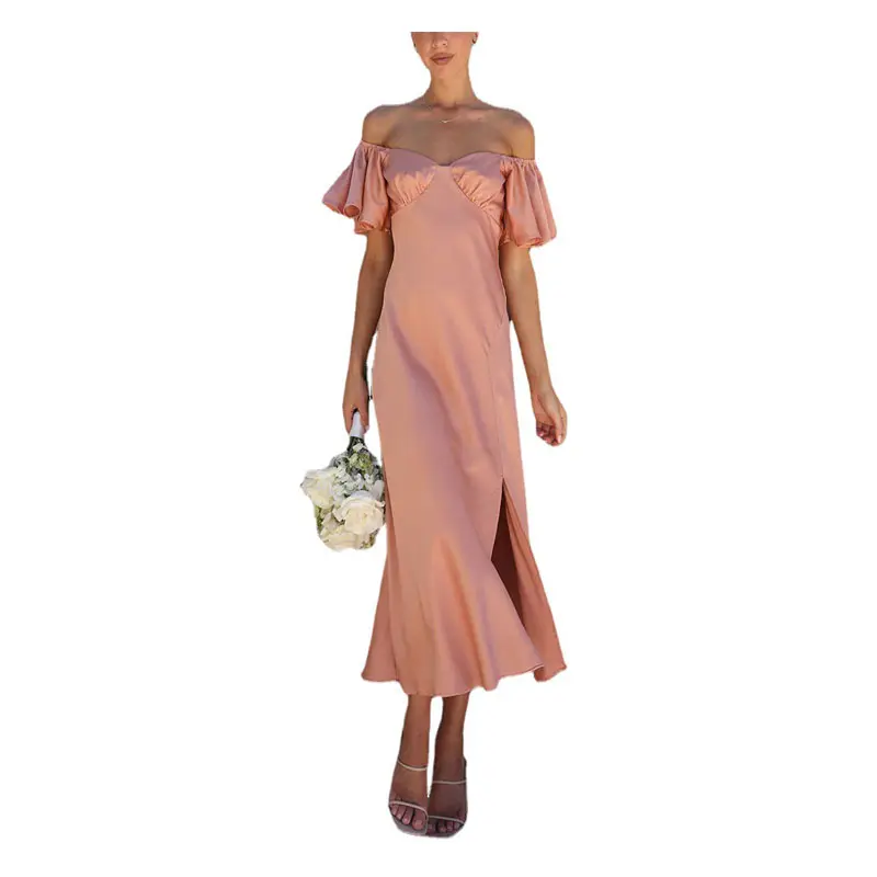 Individuelles 2024 Damenformelles Freizeitfest solide Farbe elegant Satin Kurzarm Maxi langes Abendkleid