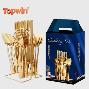 Factory Price 24pcs Gold <b>Flatware</b> Luxury Set with Magnetic Block Holder Stand Cutlery Gift Spoon Stainless Home Steel Cutlery - Product Image 1