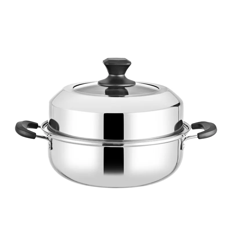 Wholesale restaurant home used versatile cookware 2 layer stainless steel steamer cooking pot with glass lid with double handles