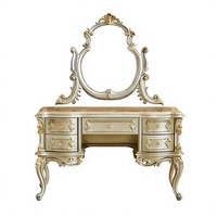 Coiffeuse de style européen avec miroir et tabouret, inspirée du style français, en bois massif avec détails sculptés, 13 mètres de long, cinq tiroirs