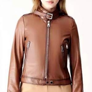 Chaqueta de cuero genuino marrón para mujer, estilo motero, con cuello de hebilla, de piel de oveja, bolsillos con cremallera, cintura ajustable, corte slim, personalizada, cálida, nueva. - Product Image 1