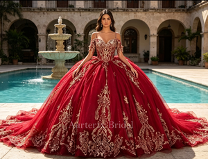 MS9000 Splendido Abito da Ballo Bordeaux Royal <span class=keywords><strong>Saray</strong></span> con Spalle Scoperte, Pizzo Dorato, Abito da Principessa per Festa dei 15 Anni con Strascico - Product Image 3