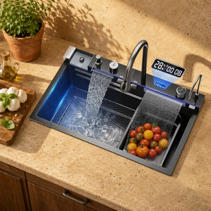 Keran Air Terjun Dapur Pintar Mewah Nano Hitam Stainless Steel 304 Workstation Sink dengan Layar Digital Tombol Piano - Product Image 1