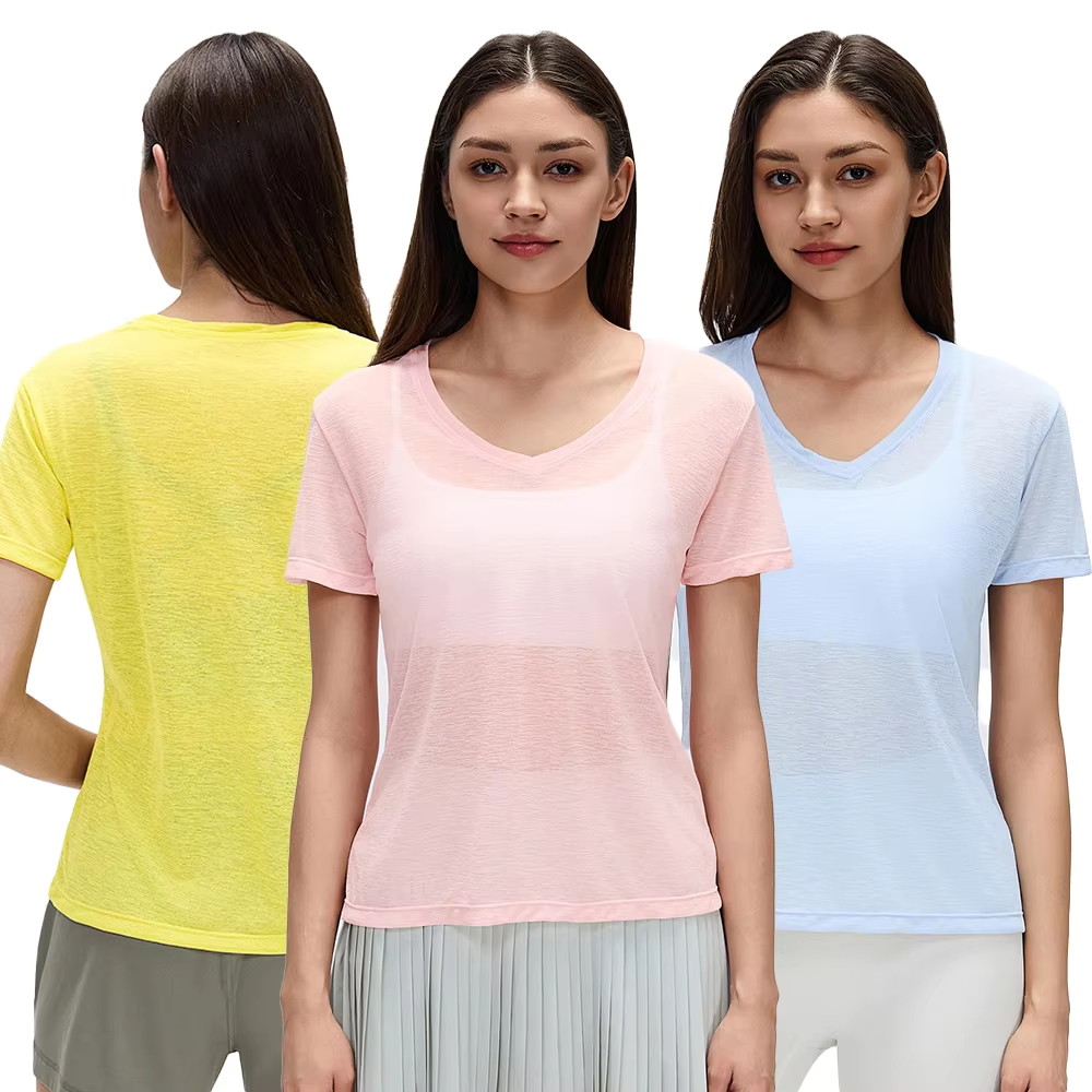 Wholesale Yoga Wear Women's V-Neck Casual Loose Fit Solid Short-Sleeve T-Shirt Lightweight Quick-Dry Fitness Top