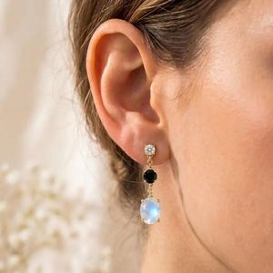 Natural Rainbow Moonstone <b>Black</b> Obsidian Drop <b>Stud</b> <b>Earrings</b> with CZ Accent in 925 Sterling Silver Elegant Gemstone Dangle - Product Image 4