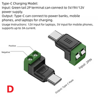 Adaptador de terminal sin soldadura Micro USB C a 2 pines, tipo C a terminal de crimpado de 2 pines, bloque de terminales de tornillo verde, conector de carga de 5V