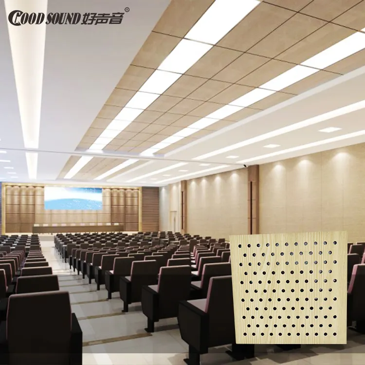 Goodsound หอประชุมตกแต่งเพดานและผนังแผ่นไม้อะคูสติกเจาะรูแผ่นไม้อะคูสติก3D การออกแบบแบบจำลอง