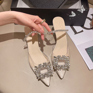 Trendy Women Clear PVC Mule Sandals Rhinestone Trim Crystal Square Buckle Flower Design Pointed Toe High Heel Slides - Product Image 4