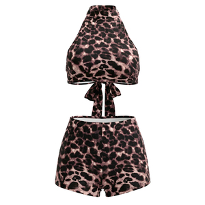 Viviblook J26ST137 Women Summer Shorts <b>Set</b> Leopard Print Halter Vest Backless Lace Up Crop Top Tight Shorts Two Piece <b>Set</b> - Product Image 5