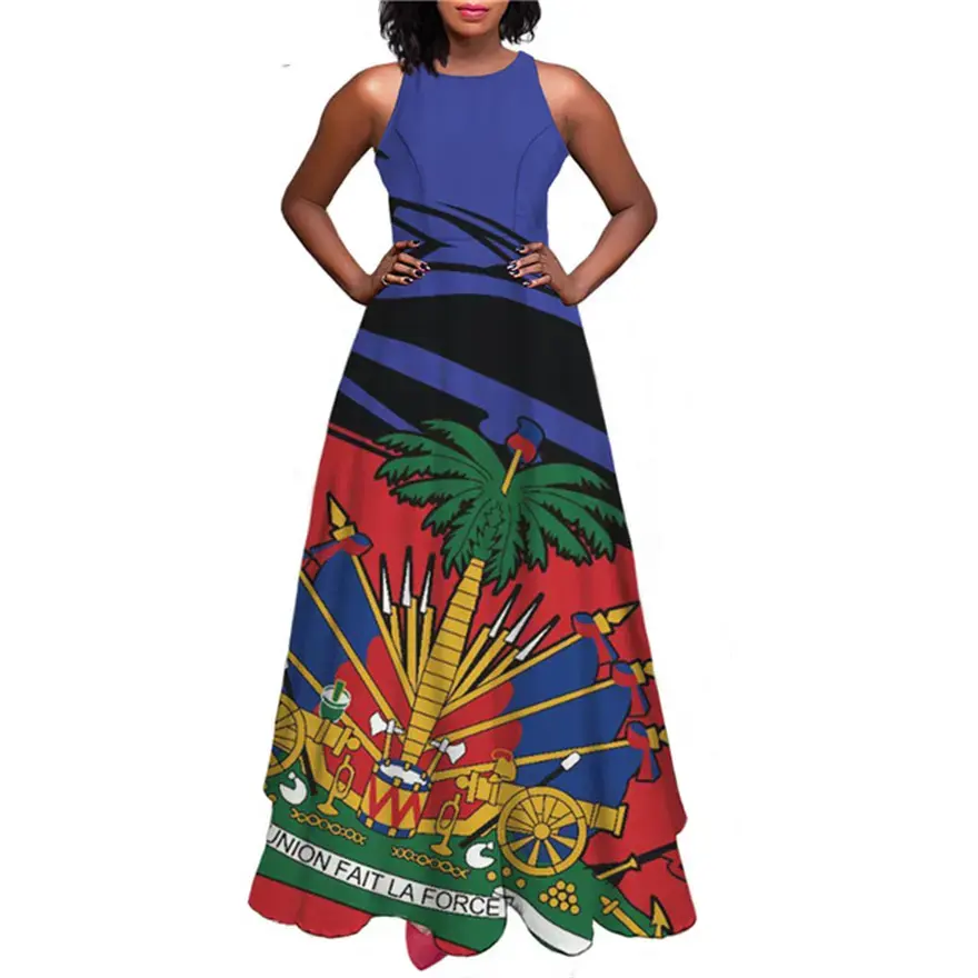 1MOQ Traditionnel Haïtien Drapeau Motif Dames Robe Maxi Robes Femmes Nuit Sans Manches Étage Longueur Robes Officielles pour Dames