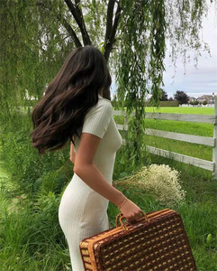 Vestido de Punto con Cuello en V y Abertura Lateral, Estilo Europeo y Americano, Nuevo Vestido de Verano para <span class=keywords><strong>Mujer</strong></span>, Falda Ajustada a la Cadera - Product Image 4