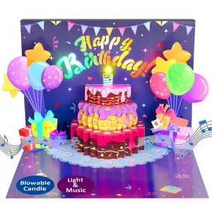 Meniup lilin ringan dan bermain kartu Pop Up musik Selamat Ulang Tahun, hadiah ulang tahun kartu ucapan 3d