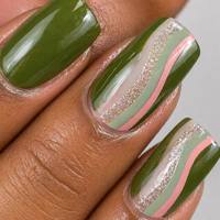 Faux ongles à presser vert sauge, longs, carrés, motif tourbillon, avec lignes argentées scintillantes, logo personnalisé, réutilisables, vente en gros
