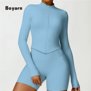 Boyarn femmes sans couture respirant léger Yoga sport veste col montant fermeture éclair manches formation tenue Jogging haut de gymnastique - Product Image 1