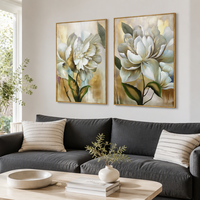 Peinture à l'huile originale sur toile, motif feuille de fleur marron, art moderne fait main, décoration murale abstraite dorée de grande taille, cadre en bois