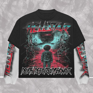 T-shirt Oversize con Stampa Grafica Personalizzata Effetto Consumato, Ricamo, Vestibilità Regolare, Lavaggio Acido, Maniche a Doppio Strato Patchwork - Product Image 3