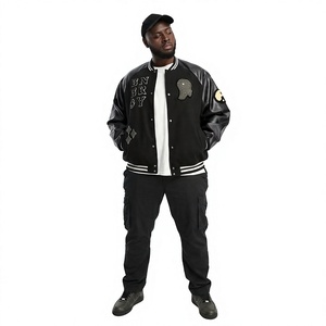 Men's Black Genuine Leather Anti-Bacterial Windproof Woolen Varsity Jacket 220g Embroidery Patch Designs Turn-<b>down</b> Collar - Product Image 1