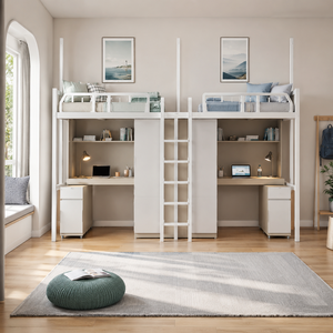 Modern Apartment Bunk <b>Bed</b> with Two Workstations and Wardrobe, <b>Space</b> <b>Saving</b> Design for 2 People - Product Image 2