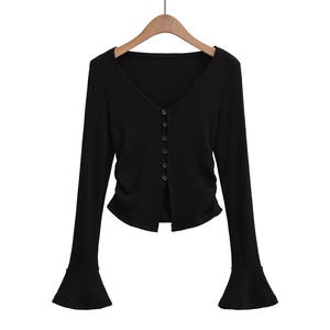 Costume décontracté sur mesure cardigan tricoté col en V coupe ajustée court <span class=keywords><strong>femme</strong></span> haut <span class=keywords><strong>pantalon</strong></span> <span class=keywords><strong>évasé</strong></span> <span class=keywords><strong>pantalon</strong></span> décontracté costume - Product Image 3