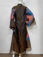 Robe élégante à col montant, imprimé graphique, en polyester respirant, avec empiècements en maille, manches larges, coupe ample, longueur cheville, pour femmes arabes