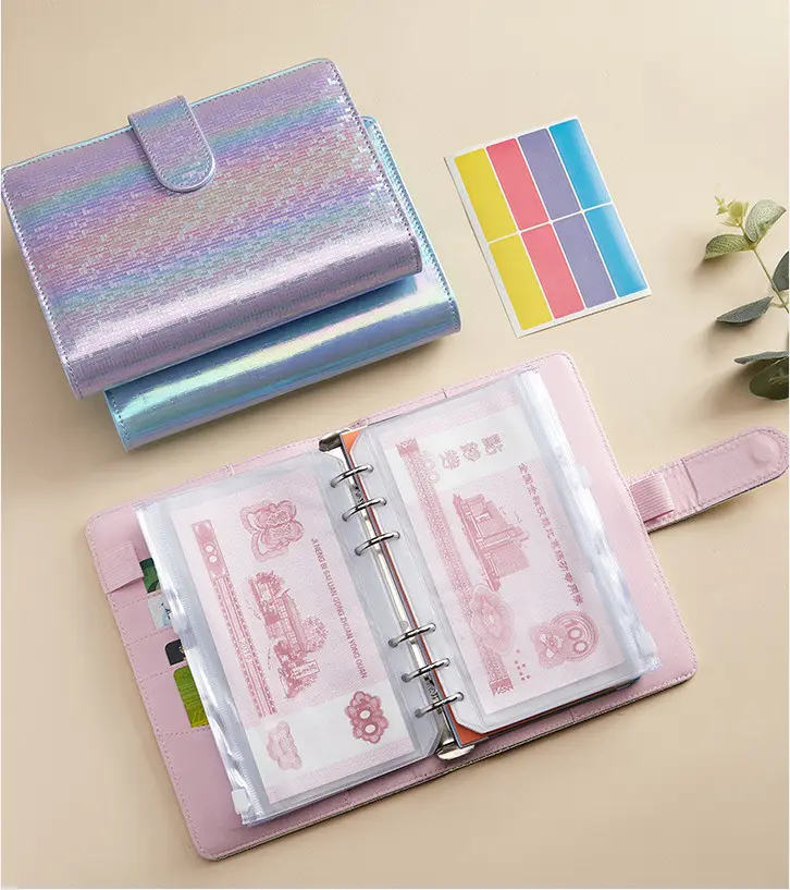 A6 PU Leather Money Saving Binder Cash Envelopes with Zipper Envelopes , Snap Button, Expense Trackers