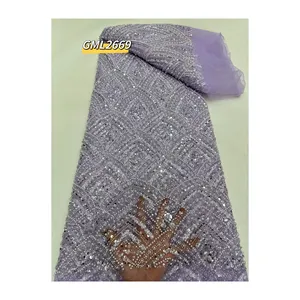 Latest lilac korean lace with beads and crystal embroidery bridal lace for african wedding in india 2024