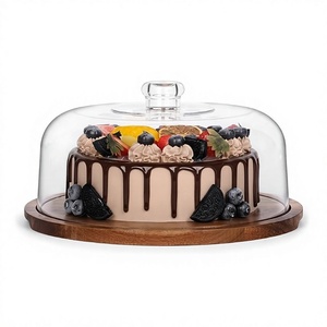 Support à gâteau avec couvercle transparent Support à gâteau en bois d'acacia pour cadeaux de cuisson Plateau de serveur d'affichage de gâteau pour décoration de mariage de fête d'anniversaire - Product Image 1