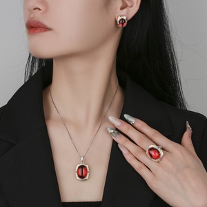 Fashion Eco-friendly Copper Retro Pendant <b>Earrings</b> Rings Set 15*20/10*12mm Large Red Zircon Jewelry Sets for Statement Style - Product Image 6