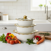 Ensemble de 3 casseroles en céramique avec bord doré, bol en porcelaine avec couvercle en verre, double poignée, vaisselle de cuisine et de rangement pour la maison
