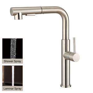 حنفية خلاط عصرية طويلة العنق بتشطيب نيكل مصقول، صنبور من الفولاذ المقاوم للصدأ 304، حنفية مطبخ بذراع واحد وفتحة واحدة مع رشاش قابل للسحب - Product Image 2