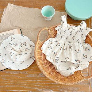 Bebek romper yaz tatlı çiçek elbise bebek kız kolsuz bebek giysileri sevimli tarama giysileri ile şapka - Product Image 3