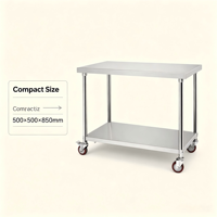 Table de travail de cuisine de restaurant à deux niveaux en acier inoxydable 304 avec revêtement anti-graffiti, 4 roulettes, capacité de charge de 300 kg par mètre