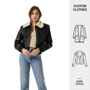 Giacca da motociclista in pelle da donna con cerniera <span class=keywords><strong>corta</strong></span> in <span class=keywords><strong>pelliccia</strong></span> <span class=keywords><strong>nera</strong></span> con risvolto e logo Vintage personalizzato all'ingrosso - Product Image 2