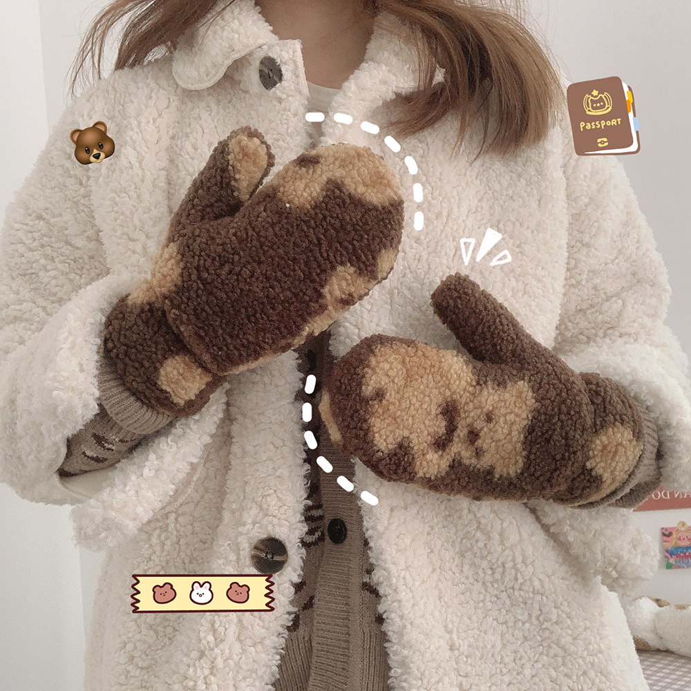 Симпатичные медвежонки с принтом мягкие плюшевые женские перчатки повседневные зимние уличные теплые варежки без пальцев для девушек студентов лыж скейт перчатки подарки