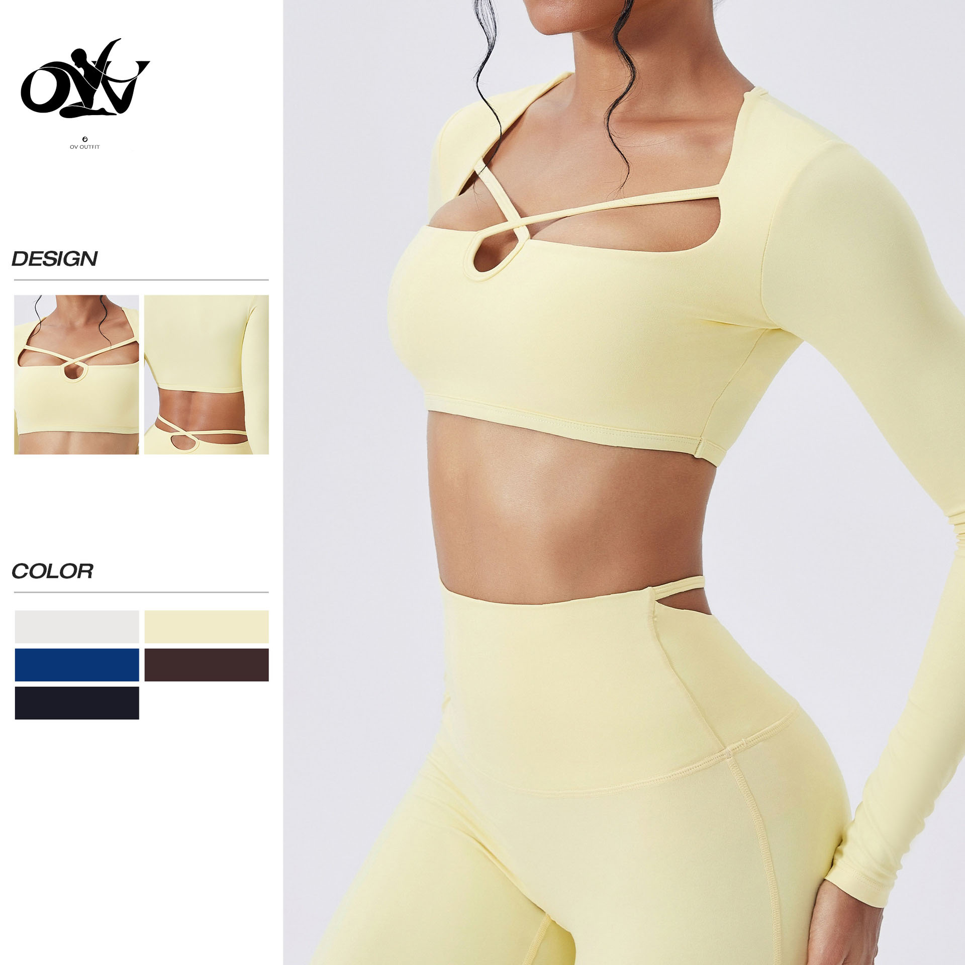 Autumn and Winter square Neck Hollow-out Long Sleeve Sports Shirt Quick-drying Casual Running Tops Fashion Fitness & Yoga Wear