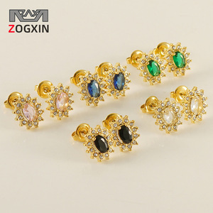 Zogxin <b>Stud</b> Earrings Gold <b>Titanium</b> Steel Flower Shape Zircon Inlaid Party Jewelry Women's Fashion Earrings - Product Image 1