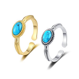 Bague en pierre précieuse turquoise naturelle pour femmes, style ethnique vintage, design ouvert pour l'index, plaqué or 18 carats, rétro géométrique - Product Image 6