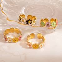 SUMMLY Vintage Emaille-Blumen Personalisierter Verstellbarer Edler Modeschmuck 18K Vergoldeter Edelstahl Breiter Flacher Offener Ring