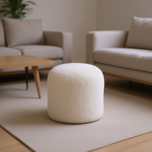 Pouf rond moderne en fausse fourrure Db, blanc cassé, pièce unique, pour salon, repose-pieds - Product Image 2