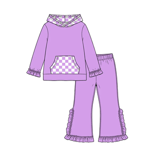 Ensemble de vêtements pour enfants, tenues de printemps et d'automne, vêtements pour filles, couleur unie, volants, sweat à capuche à carreaux - Product Image 6