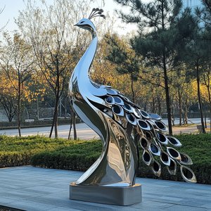 Ornement de jardin extérieur abstrait moderne Sculpture de paon en acier inoxydable métallique - Product Image 4
