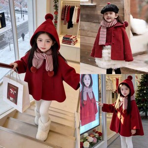 Tongxingyuan Red Hooded Wool <b>Coat</b> For Girls Thick <b>Winter</b> Outerwear With Pom Poms Christmas Outfit - Product Image 2