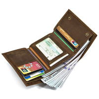 Dompet Koin Pria Kulit Asli Retro Crazy Horse dengan Pelindung, Multi-slot, Slot Kunci, Rantai Besi, Rantai Dompet Logam