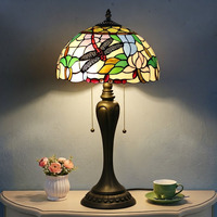 Lampe de table Tiffany LongHuiJing 12 pouces en verre teinté, base en résine, douille E26 E27, abat-jour libellules et fleurs, vente en gros usine