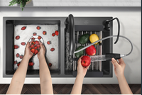 Évier de cuisine Double bol moderne, multifonctions, fait à la main en acier inoxydable, égouttoir en verre pour les éviers de cuisine, 1 pièce