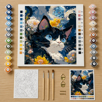 Kit de peinture par numéros - Chat, nuit étoilée, fleurs - Peinture acrylique DIY pour adultes débutants - 40x50cm - Avec ou sans cadre
