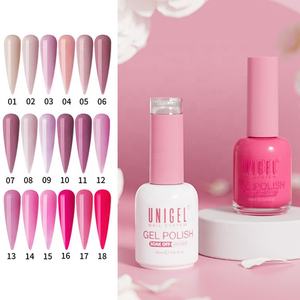 Unigel #01-#018 Venta al por mayor profesional Colores sólidos Etiqueta privada 2 en 1 Magnífico esmalte de gel UV 98% a juego y laca de uñas - Product Image 1